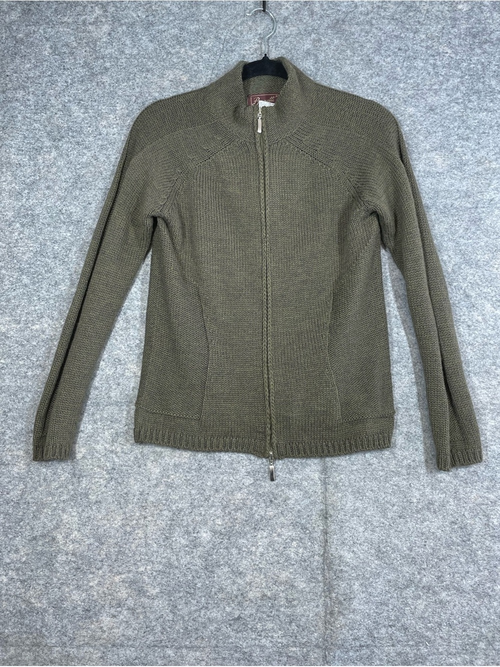 Berretti Italian Wool Zip Cardigan Olive Green Small Quiet Luxury Knit Fall Chic